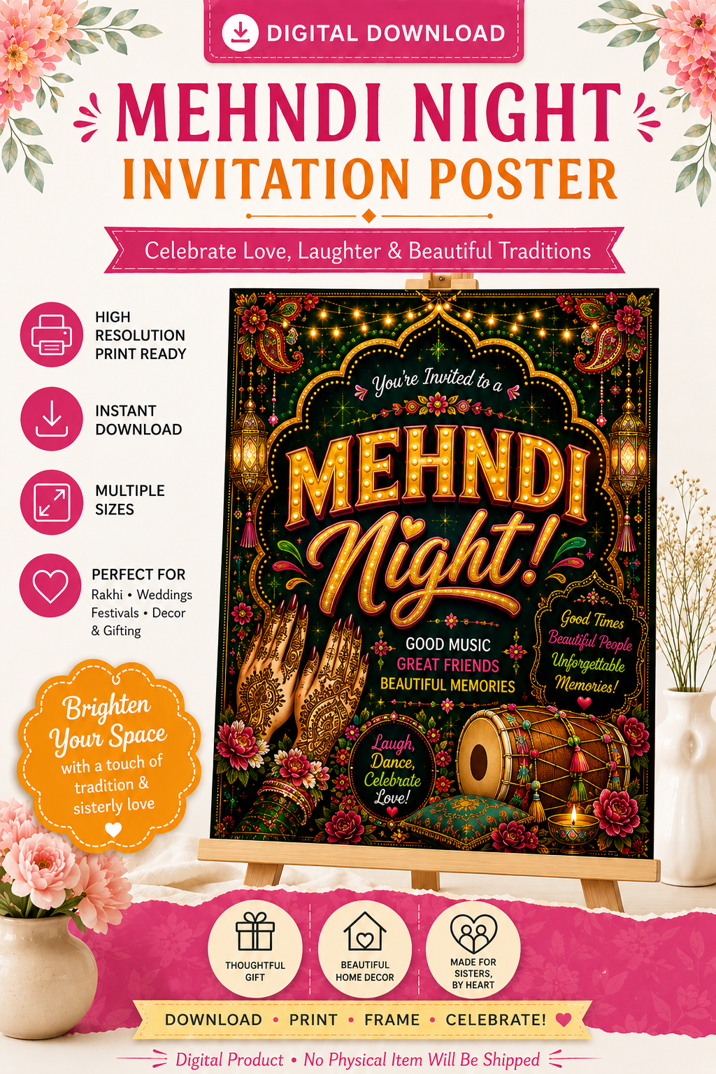 Colorful Mehndi Night invitation poster printable for weddings and bridal celebrations