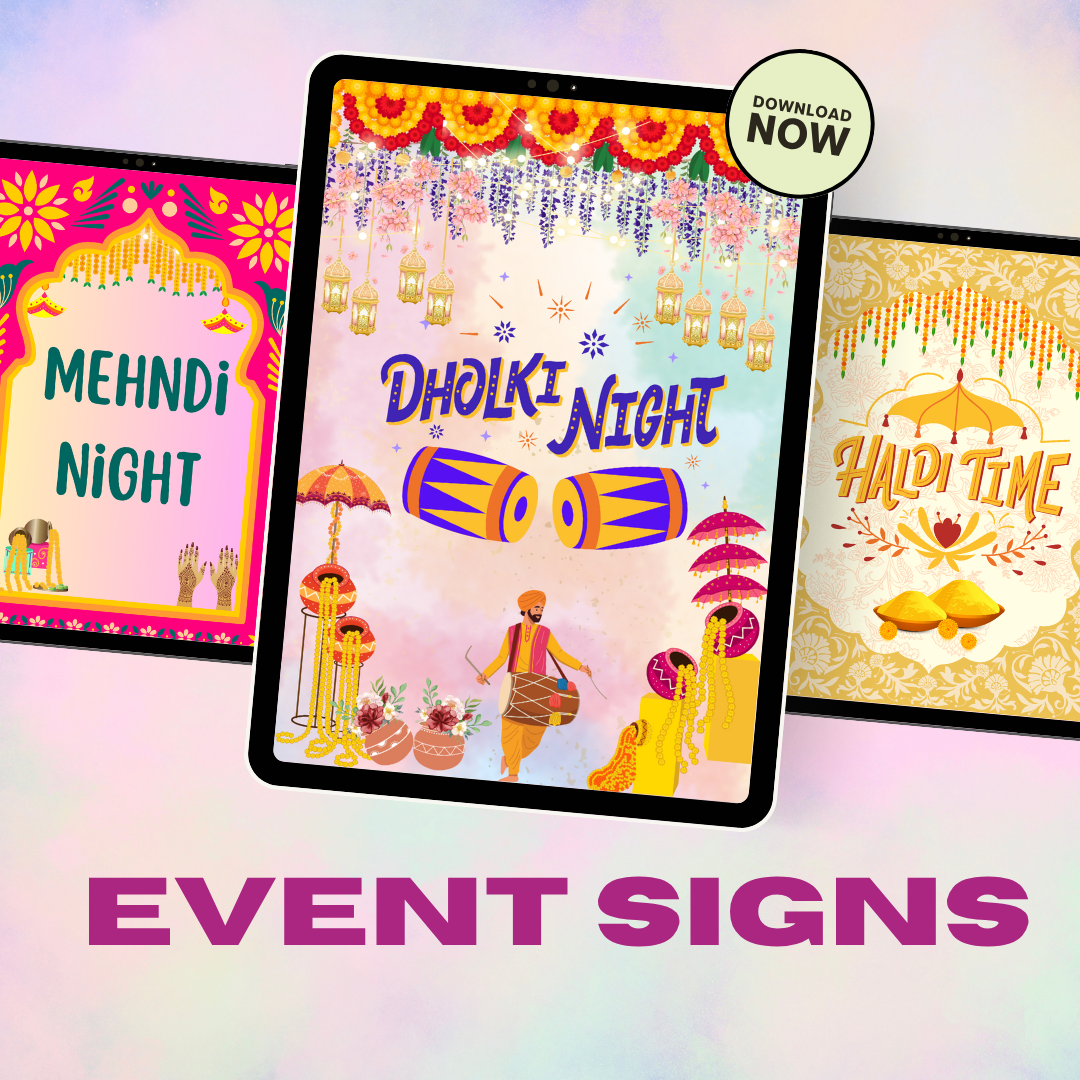 🎉EVENT SIGN DHOLKI/MEHNDI/HALDI BUNDLE LAST-MINUTE PRINTABLE – INSTANT DOWNLOAD (READY IN MINUTES)